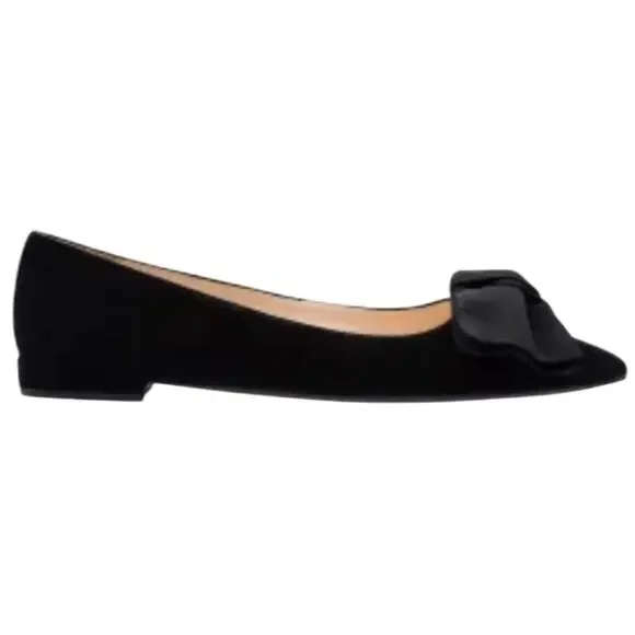 Prada Suede Ballet Flats Grosgrain Bow Pointed Toe Black 5 - Picture 1 of 7